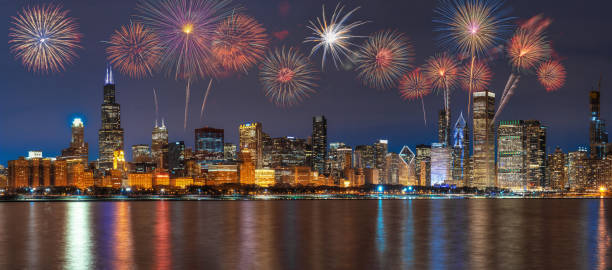 istock Multicolor Firework Celebration over the Panorama of Chicago Cityscape river side along Lake Michigan at beautiful twilight time, Illinois, United States, 4th of July and Independence day concept 1163348210