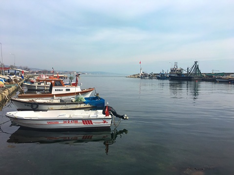 Silivri, Istanbul, Turkey - March 06, 2019: Fishing boats at Selimpaşa Port of Istanbul city.