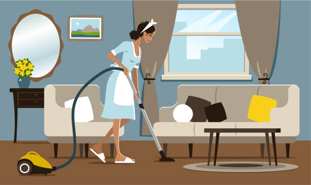Young woman vacuuming Young woman vacuuming a hotel room. clean room stock illustrations