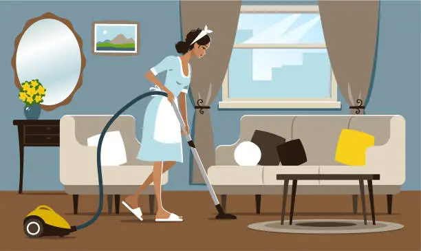 Vector illustration of Young woman vacuuming