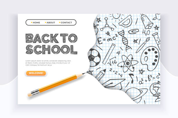 Back to school banner. Hand drawn educational supplies on list sheet and a pencil. Back to school education concept Back to school banner. Hand drawn educational supplies on list sheet and a pencil. Back to school education vector concept university illustrations stock illustrations