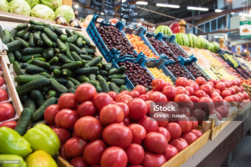 Vegetable farmer market counter Vegetable farmer market counter: colorful various fresh organic healthy vegetables at grocery store. Healthy natural food concept Vegetable Stock Photo