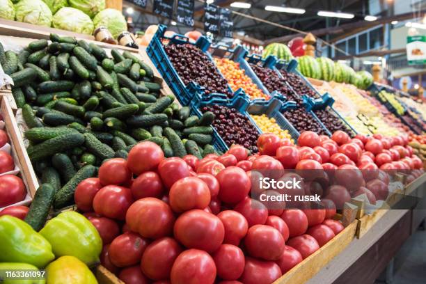 Vegetable Farmer Market Counter Stock Photo - Download Image Now - Vegetable, Supermarket, Fruit