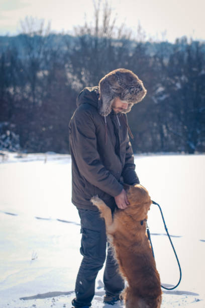 istock Man enjoying with golden retriever at winter 1163361197