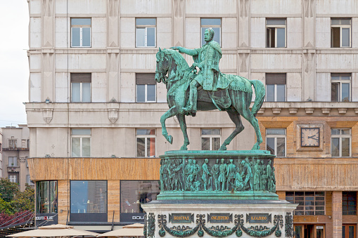 Belgrade, Serbia - April 24 2019: The Prince Mihailo Monument (Serbian: Споменик кнезу Михаилу) is a monument of Prince Mihailo. It is located on Republic Square and was erected in 1882.