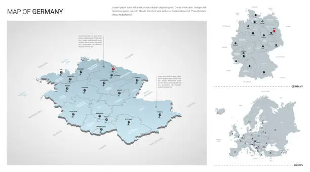 Vector illustration of Vector set of Germany country.  Isometric 3d map, Germany map, Europe map - with region, state names and city names.