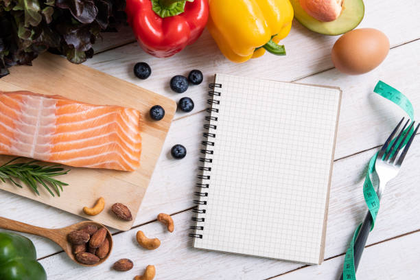 istock Healthy eating food with notebook and copy space, Ketogenic diet concept, Top view 1163365065