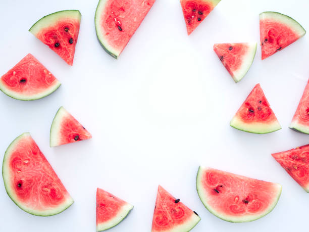istock Sweet watermelon slices on white background 1163366279