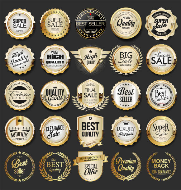 ilustrações de stock, clip art, desenhos animados e ícones de collection of retro vintage golden badges and labels - elegance seal stamper success badge