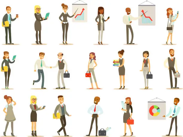 Vector illustration of Business, Finance And Office Employees In Suits Busy At Work Set Of Cartoon Businessman And Businesswoman Characters Illustrations