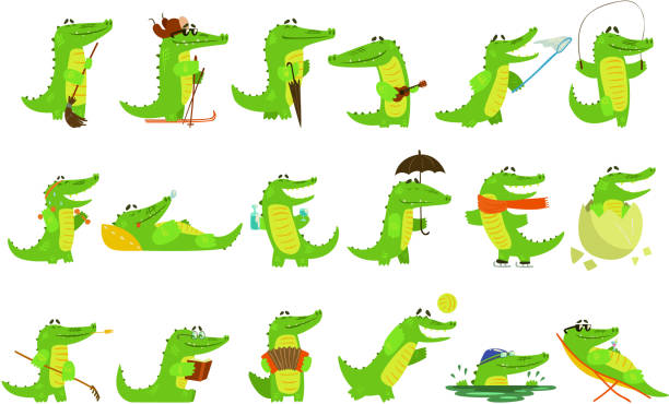 humanizowany krokodyl charakter codziennie działania zestaw ilustracji - snow ski stock illustrations