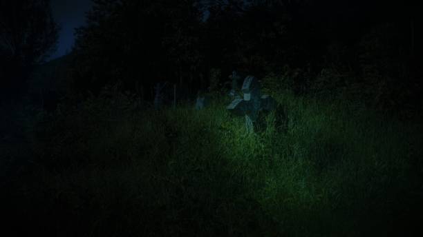 istock Stone cross overgrown with grass on a antique cemetery graveyard at night 1163370219
