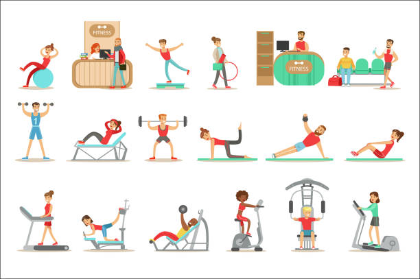 illustrazioni stock, clip art, cartoni animati e icone di tendenza di persone membri della classe fitness che si allena, si allena con e senza attrezzature, si allena in abbigliamento sportivo alla moda - top of the class