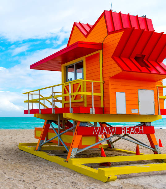 istock Colorful lifeguard tower under a cloudy sky in Miami Beach 1163371218