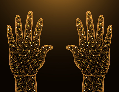 Human palms of hands low poly model, gesture in polygonal style, body part wireframe vector illustration made from points and lines on dark yellow background