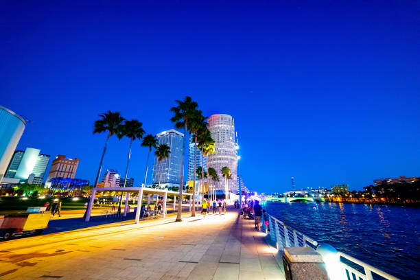 Colorful night in Tampa riverwalk stock photo