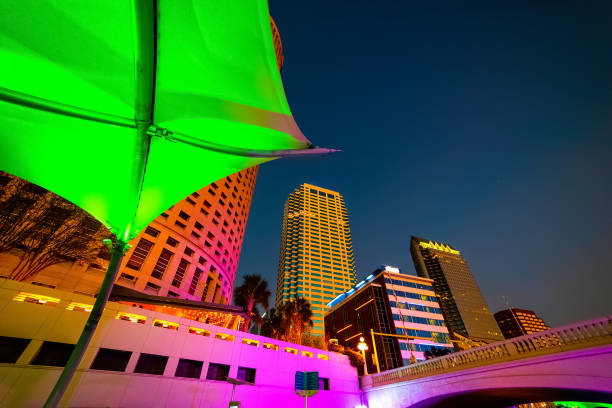 Colorful lighting in Tampa riverwalk at night. Florida, USA