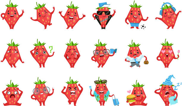 Geometric Strawberry Character Funny Emoticons. Childish Graphic Cartoon Stickers Isolated On White Background With Humanized Berry Geometric Strawberry Character Funny Emoticons. Childish Graphic Cartoon Stickers Isolated On White Background With Humanized Berry. pimp stock illustrations