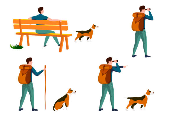 Vector summer travel activities set - man with dog Vector summer travel activities set - man on a bench with dog, with backpack travel and walking. Isolated on white background. binoculars silhouettes stock illustrations