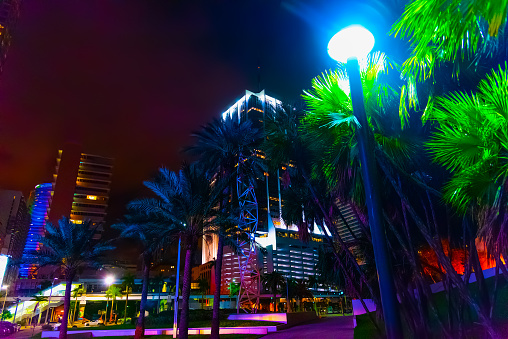 Colorful downtown Miami by night. Southern Florida, USA