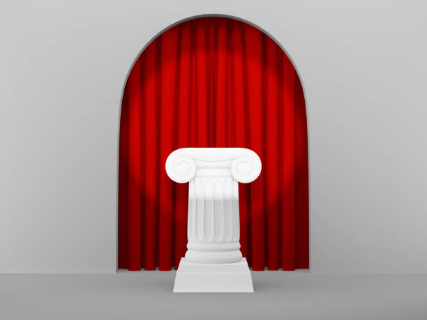 istock Abstract podium column on the light gray background arch with red curtian. The victory pedestal is a minimalist concept. 3D rendering. 1163376407