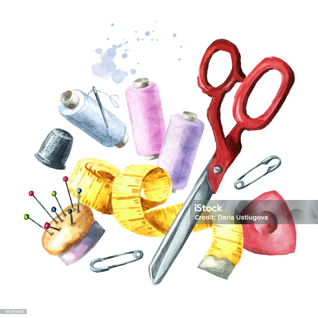 Sewing Supplies Spool Of Thread Scissors Measuring Tape Watercolor Hand  Drawn Illustration Isolated On White Background Stock Illustration -  Download Image Now - iStock