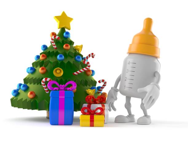 istock Baby bottle character with christmas tree and gifts 1163388346