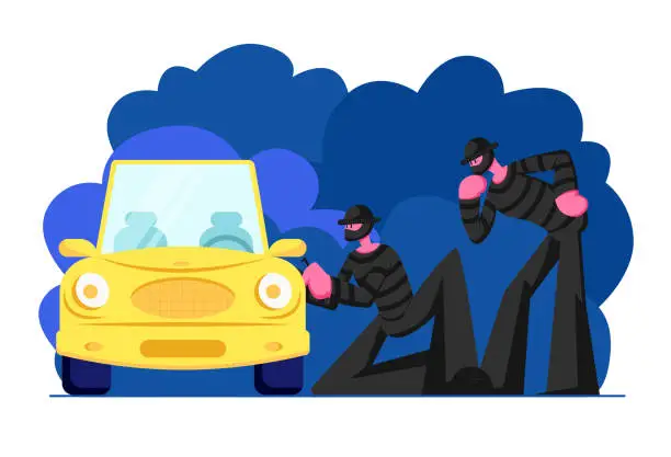 Vector illustration of Couple of Masked Hijackers Wearing Black Clothes Standing Beside Car and Trying to Break Into It. Male Characters Committing Crime at Night Time, Bandits Stealing Auto Cartoon Flat Vector Illustration