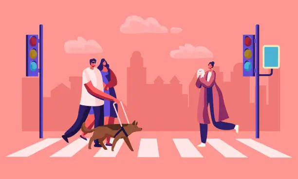 Vector illustration of Disabled and Healthy Pedestrians with Pets Crossing Road Interchange in City, Blind Man Walking with Guide Dog and Woman Hold his Hand. Characters on Street Crosswalk. Cartoon Flat Vector Illustration