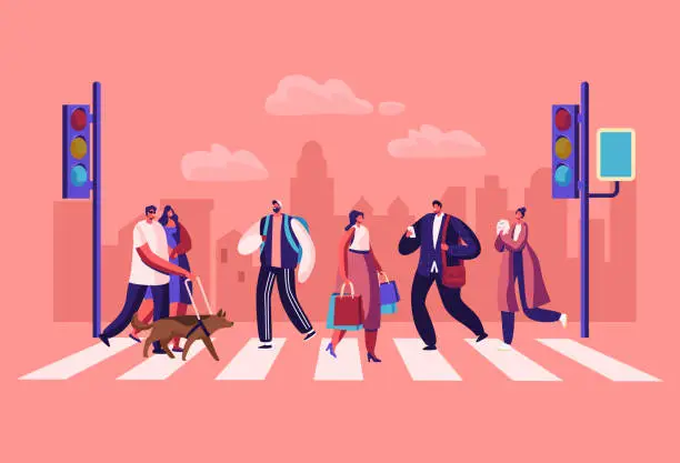 Vector illustration of Pedestrians People Walking on City Street. Men and Women Characters Hurry at Work on Urban Background with Traffic Lights and Crosswalk Moving by Road, Lifestyle, Cartoon Flat Vector Illustration