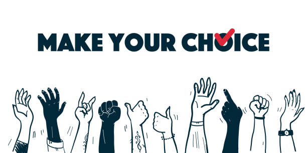istock Vector vote illustration with human hands up isolated on white background. Hand drawn contour style. 1163388555