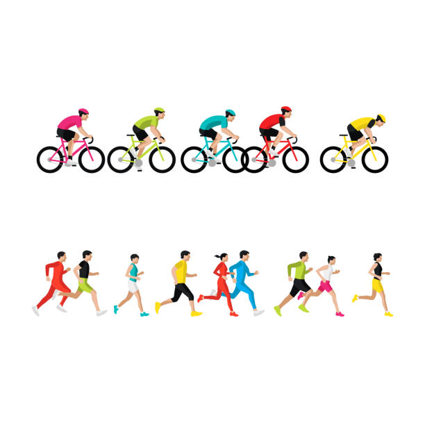 illustrazioni stock, clip art, cartoni animati e icone di tendenza di maratona di corsa, gente corre, poster colorato. illustrazione vettoriale - cycle racing