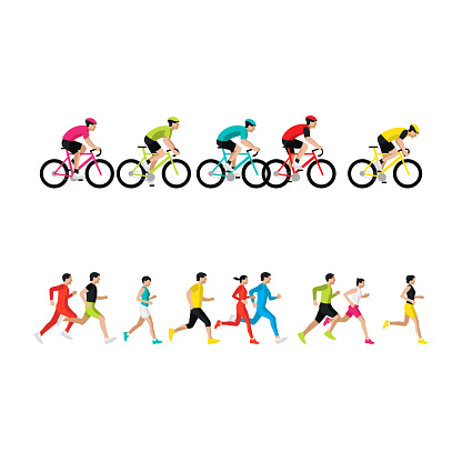 Running marathon, people run, colorful poster. Side view. Vector illustration
