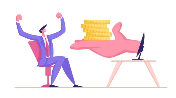 Vector illustration of Huge Human Palm Giving Pile of Golden Coins to Happy Businessman Sitting at Computer Screen. Freelancer, Business Man Earn Money in Internet, Online Investment Concept Cartoon Flat Vector Illustration