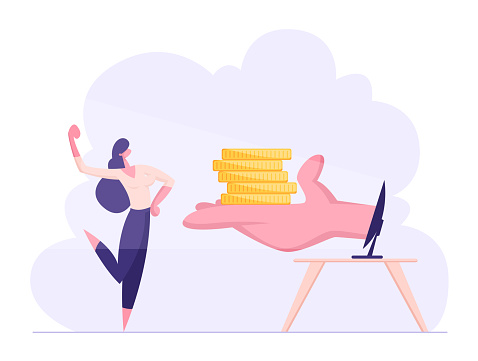 Happy Confident Business Woman Demonstrate Muscles Receive Money from Hand at Computer Monitor. Internet Earning, Investment, Income, Businesswoman Make Money Online. Cartoon Flat Vector Illustration