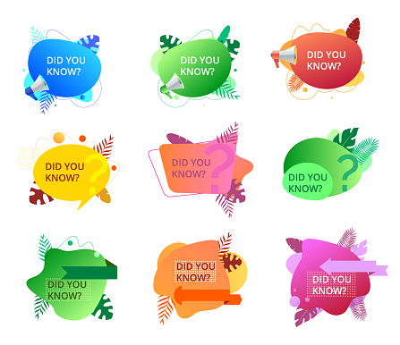 Set of fluid trendy badges with did you know question. Isolated banners on white background. Flyers with megaphone and tropical, palm leaves.