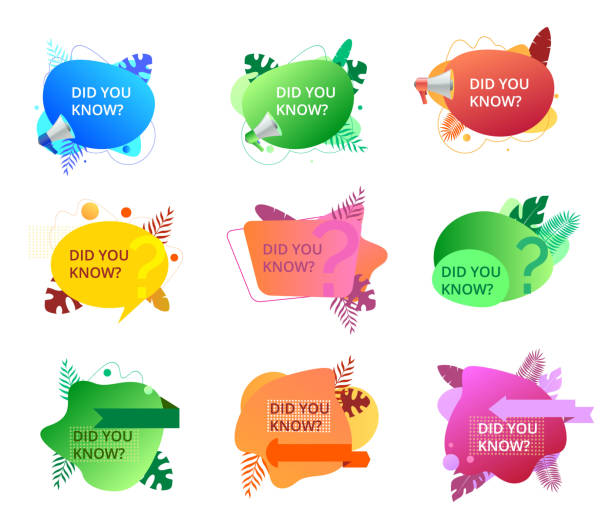 Set of fluid trendy badges with did you know question. Isolated banners on white background Set of fluid trendy badges with did you know question. Isolated banners on white background. Flyers with megaphone and tropical, palm leaves. megaphone borders stock illustrations