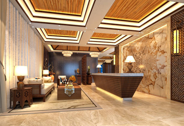 3d render luksusowego holu hotelowego i recepcji - hotel reception lobby hotel luxury zdjęcia i obrazy z banku zdjęć