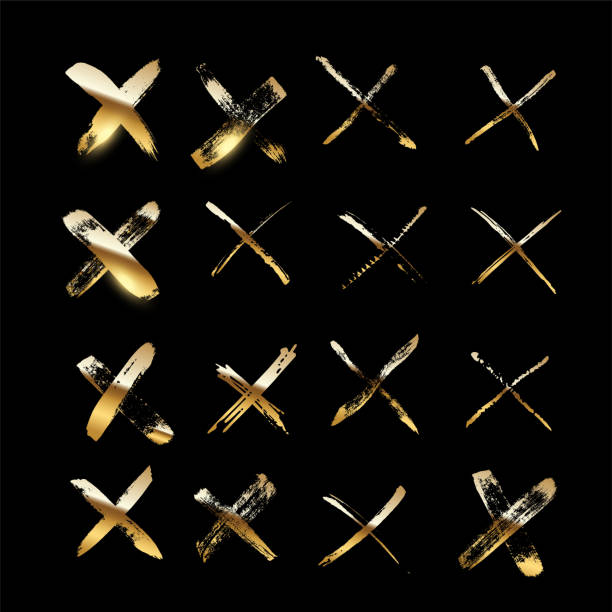 ilustraciones, imágenes clip art, dibujos animados e iconos de stock de cruces doradas hechas de pincelado aislado sobre fondo negro. conjunto de elementos de diseño vectorial. - cross cross shape shiny gold