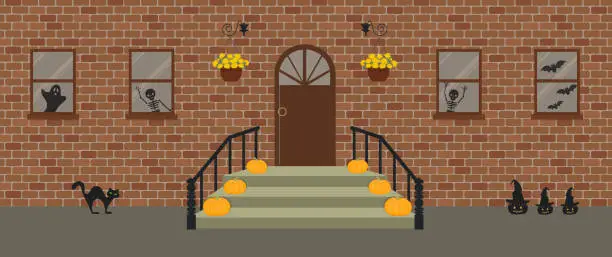 Vector illustration of Porch, decorated for Halloween. Front Porch Halloween Decorations