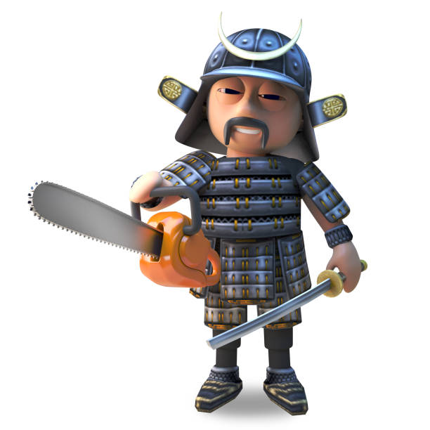 Cool 3d Japanese samurai warrior in traditional armour using a chainsaw, 3d illustration render