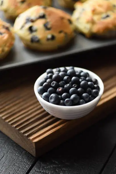 Bowl of ripe wild bilberries and freshly baked muffins on oak cutting board copy space. Low key still life with natural lighting closeup