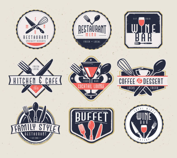 Vector illustration of a set of Restaurant menu and bar labels with unique shapes and text designs as well as utensils and drinkware. Includes Restaurant Menu, Wine Bar, Kitchen & Cafe, Cocktail Lounge, Coffee & Dessert, Family Style Restaurant and buffet text designs as well as fork,spoon,knife,whisk,coffee cup, wine glass and cocktail glass. Unique and retro set of badges. Fully editable EPS 10.