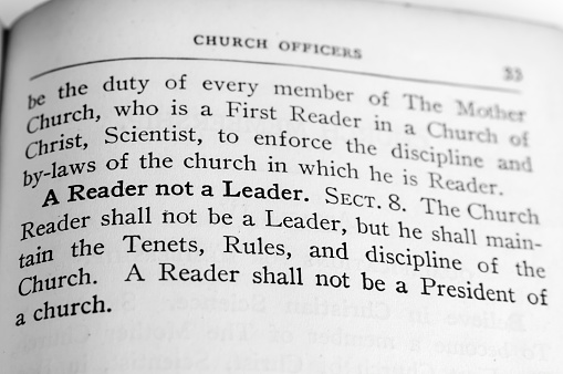 Definition of a Reader in the Christian Science Church Manual by Mary Baker Eddy