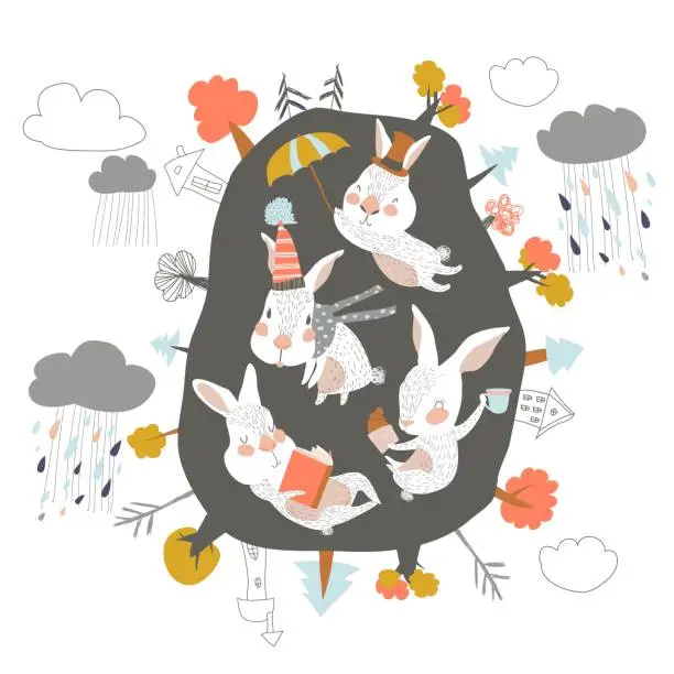 Vector illustration of Cute cartoon rabbits in den. Hello autumn