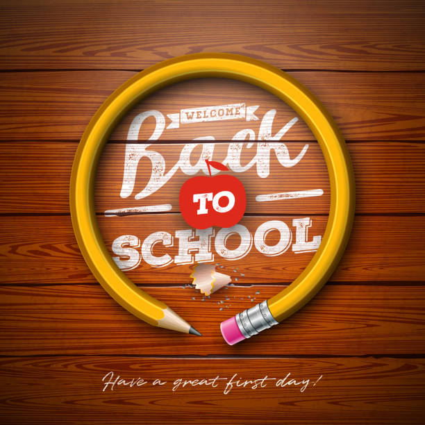 ilustrações de stock, clip art, desenhos animados e ícones de back to school design with graphite pencil and typography lettering on vintage wood texture background. vector school illustration for greeting card, banner, flyer, invitation, brochure or promotional poster. - pen color image black book