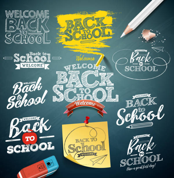黒板の背景にタイポグラフィの文字が設定された学校のイラストに戻ります。グリーティングカード、バナー、チラシ、招待状、パンフレット、プロモーションポスター用ベクトル教育コン� - back to school点のイラスト素材／クリップアート素材／マンガ素材／アイコン素材