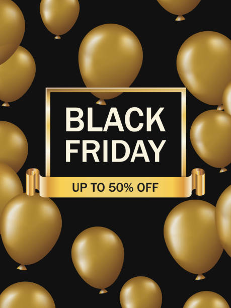 istock Black friday text in golden frame, ribbon and gold balloons banner template 1163411076