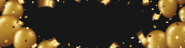 istock Banner horizontal with golden glossy balloons and confetti on black backdrop template 1163411098