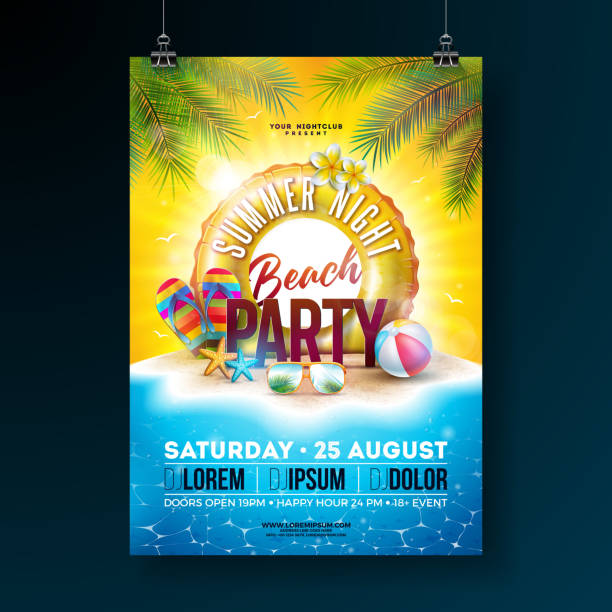 vektor sommer nacht strand party flyer design mit tropischen palmenblätter und schwimmen auf ozean landschaft hintergrund. sommer-urlaub-illustration mit paradise island, strandball, sonnenbrille und lifebelt für banner, flyer, einladung oder feier poste - beach party stock-grafiken, -clipart, -cartoons und -symbole